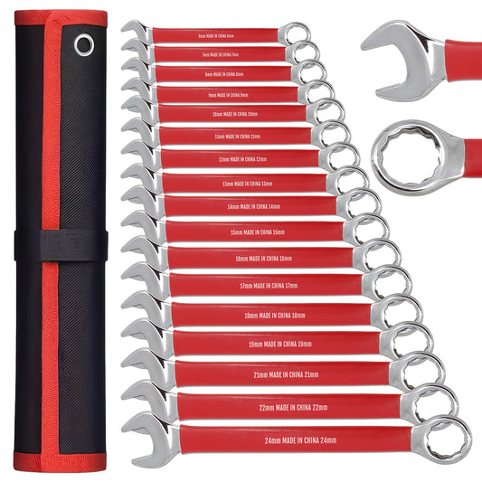 12pcs Heavy-Duty Chrome Vanadium Steel Two-Way Wrench Tool Set with Red Canvas Bag - 6mm-17mm Metric Sizes, 12-Point Box End & Open-End Wrenches, Non-slip Grip Handles For Automotive, for bicycle, Home Repair - Durable Metal