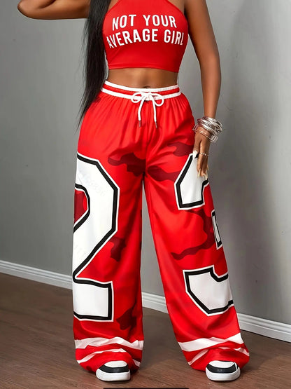 Women'S Red & White Geometric Letter Print Straight-Leg Pants with Elastic Drawstring Waistband - Casual Wide-Leg Trousers, Machine Washable All-Season Comfort, '25' Number Design & Pockets for Everyday & Special Occasions (S