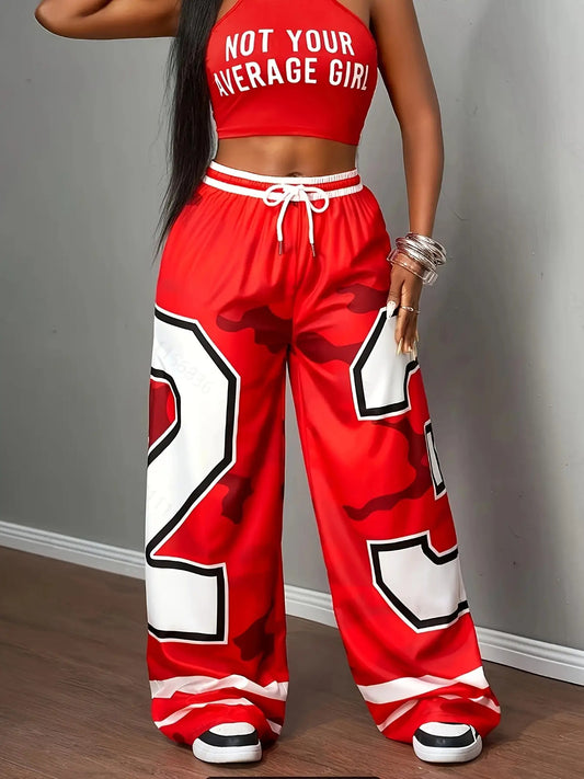Women'S Red & White Geometric Letter Print Straight-Leg Pants with Elastic Drawstring Waistband - Casual Wide-Leg Trousers, Machine Washable All-Season Comfort, '25' Number Design & Pockets for Everyday & Special Occasions (S