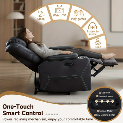Power Recliner Sofa with Adjustable Headrest & LED Ambient Light & Hidden Storage & USB Ports for Living Room Home Theater