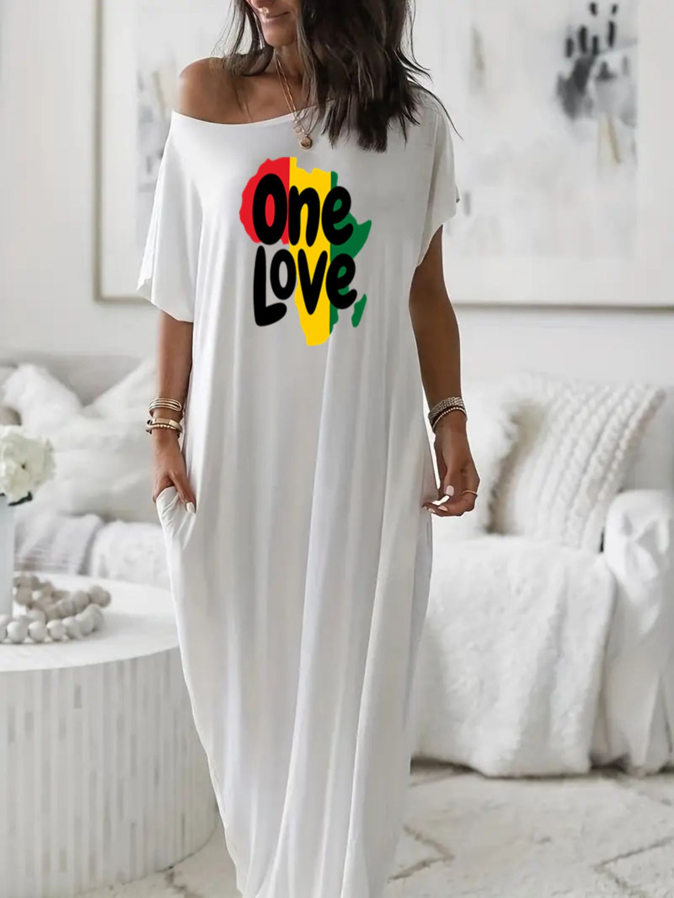 Comfortable Loose Casual Pocket Dress - "One Love" Jamaica Style Pattern Off Shoulder Relaxed Dress