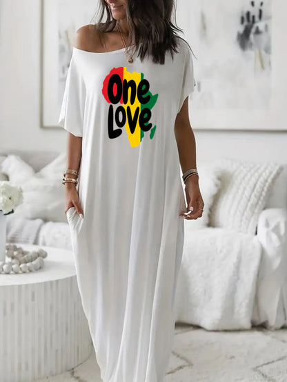 Comfortable Loose Casual Pocket Dress - "One Love" Jamaica Style Pattern Off Shoulder Relaxed Dress