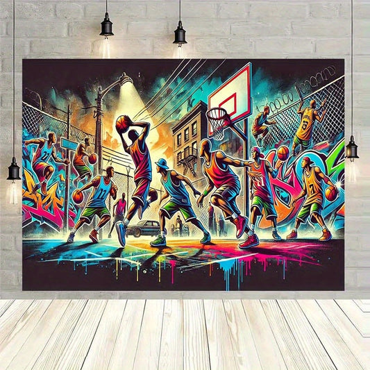 2D Flat, 2D Flat Printing Banner Vibrant Graffiti Basketball Court Wall Tapestry - Streetball Scene Backdrop for Home Decor, Party Banners, and Photo Studio Props - Colorful Urban Art Design for Indoor or Outdoor Use, Party D