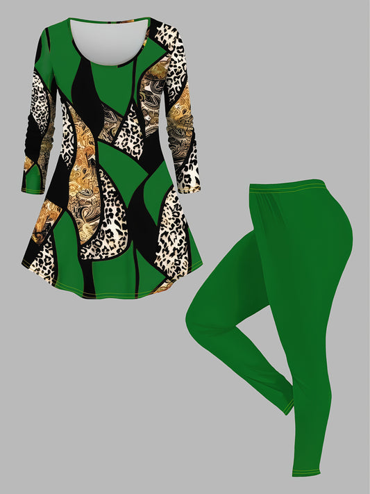2pcs Women'S Fashion Leopard Print Long Sleeve Top And Solid Color Pants Set, Polyester Fabric with Elastane, Crew Neck, High Stretch, Random Pattern, with/M for Lash Sets