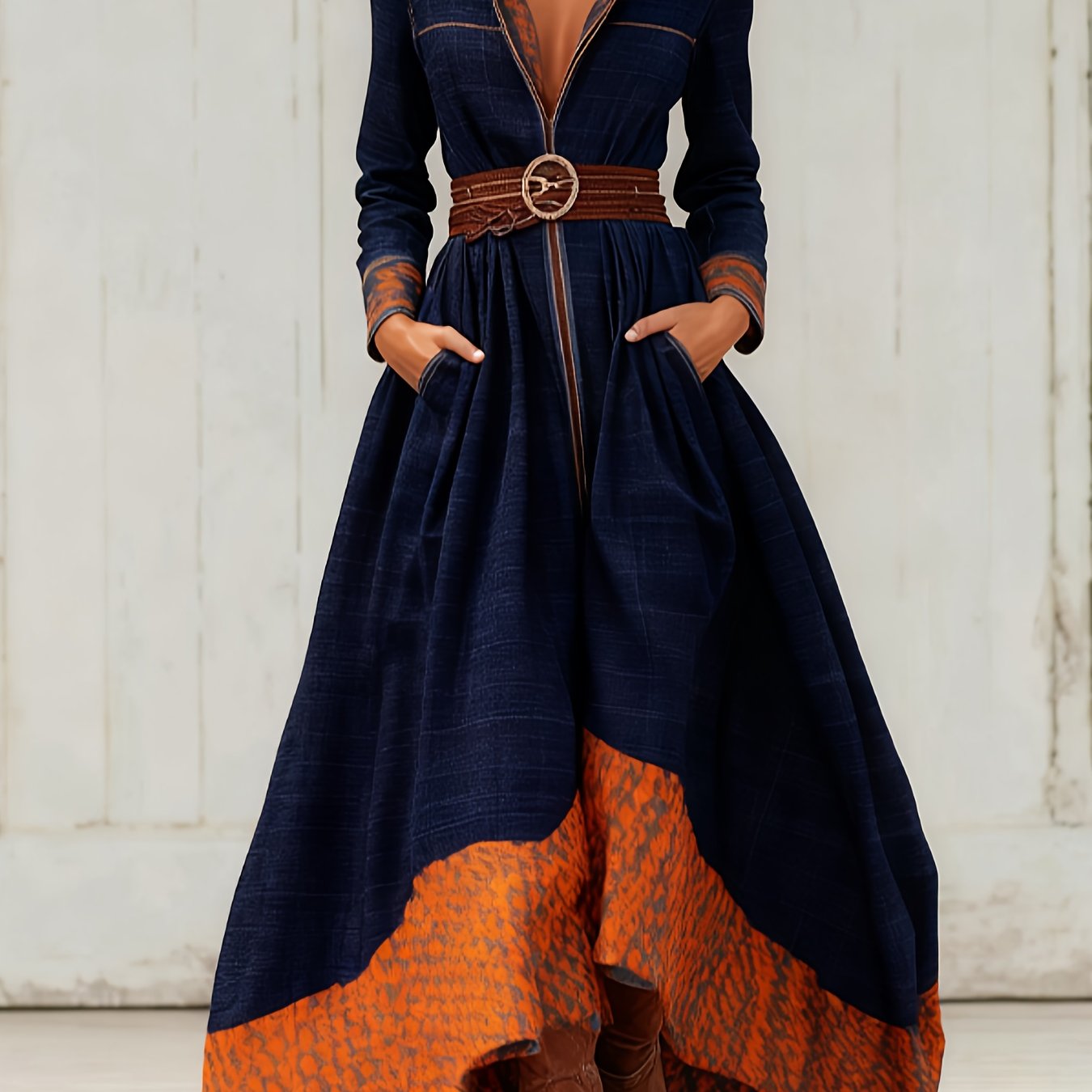 Western Retro Plaid Dress, Stand-up Collar, Zipper, Bohemian Ethnic Print, Fitted Waist, Full Skirt, with Pockets.