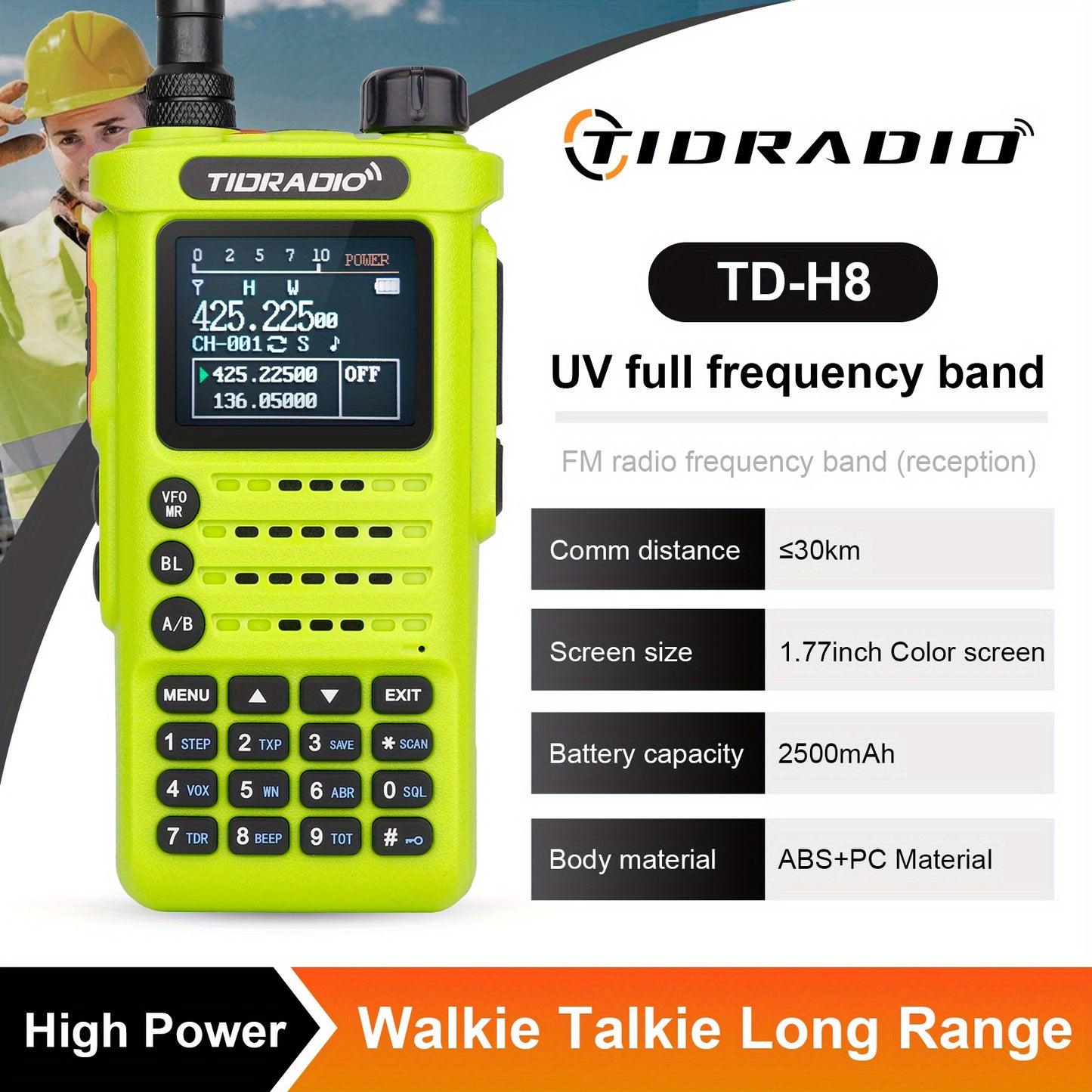 TIDRADIO TD-H8 2nd Gen 10W High-Power Handheld Two-Way Radio - 2500mAh Long-Lasting Battery, UHF Frequency 136-174MHz, 5000 Channels with Repeater List, FM Radio & Compatible, -Powered for Ham/GMRS/Radio Use, Durable Walkie T