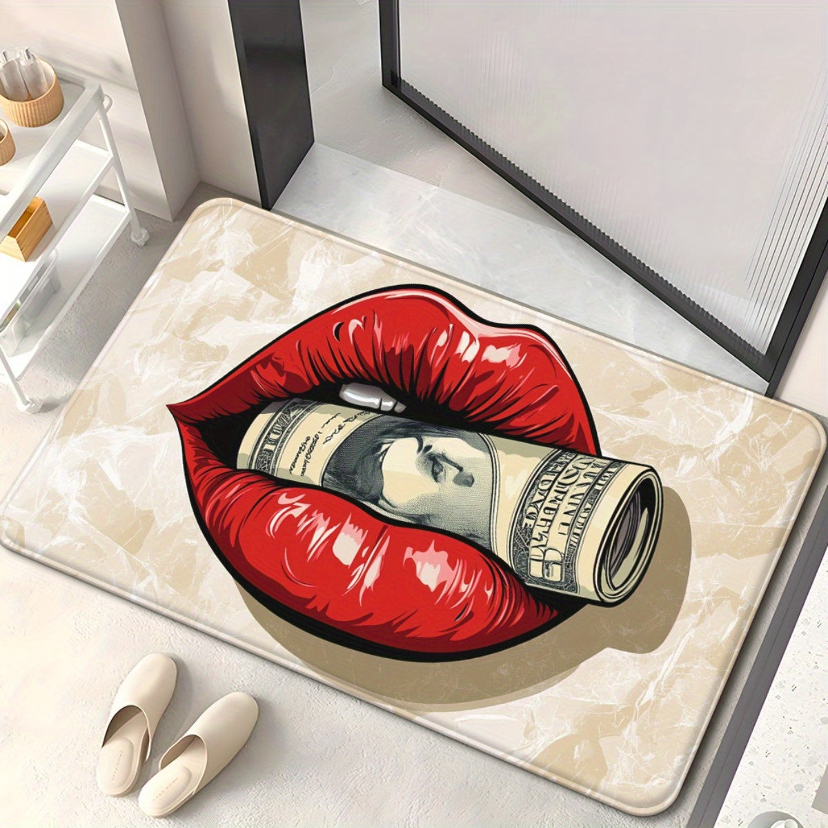 1pc Red Lips with Money Visual Door Mat - Microfiber, Absorbent, Machine Washable Polyester Rug for Bathroom, Bedroom, Living Room Entrance, Bathroom Mat | Artistic Floor Mat | Durable Floor Covering, Bathroom Decor