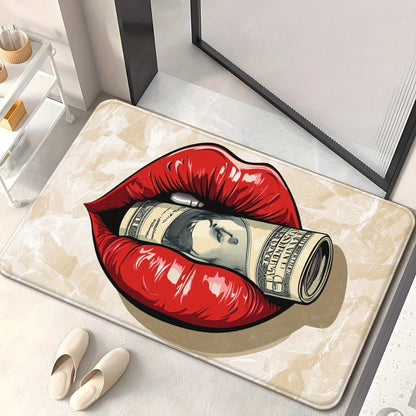 1pc Red Lips with Money Visual Door Mat - Microfiber, Absorbent, Machine Washable Polyester Rug for Bathroom, Bedroom, Living Room Entrance, Bathroom Mat | Artistic Floor Mat | Durable Floor Covering, Bathroom Decor