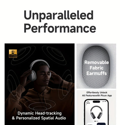 Picun F8Pro Wireless Over-Ear Headphones with 52dB Hybrid ANC, Hi Res Audio, 140H Playtime, Dual Device Pairing, 5 Mic ENC & Detachable Fabric Cushions All Day Comfort for Work & Travel, Picun