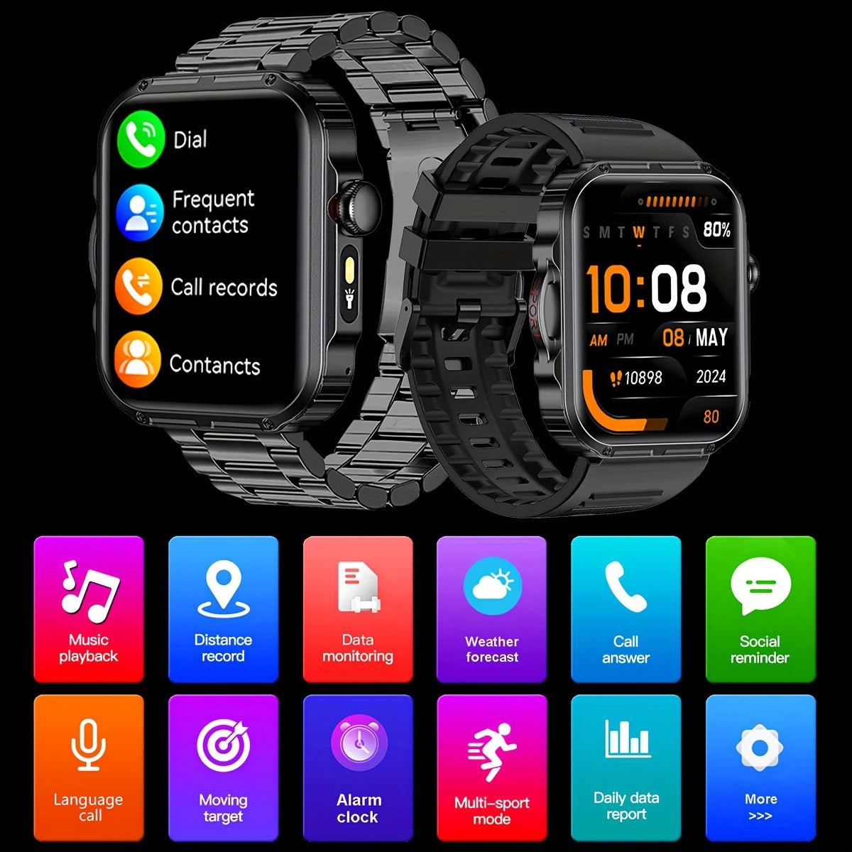 COIUSOR Men'S Smartwatch with LED Flashlight, IPX7, Wireless Calling & SMS Alerts, 2.02" HD Large Screen, Sports Mode, Zinc Alloy, Compatible with for iphone/Android, USB Rechargeable, Sporty Watch Design, Robust Strap Qualit