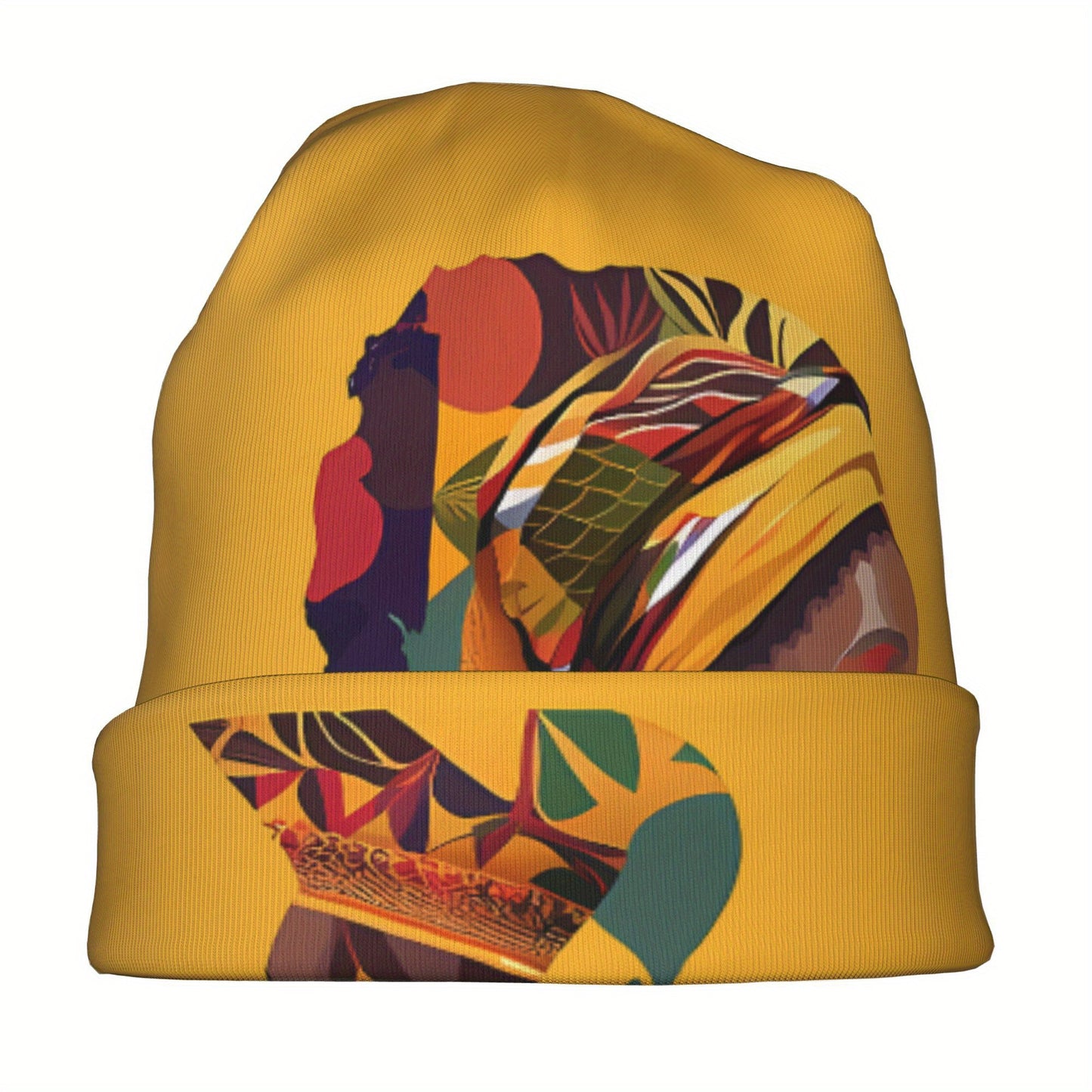 African Woman Print Beanie Hat - Vibrant Mustard Yellow with Colorful Geometric Patterns, Unisex Stretchy Knit Cap for Men & Women, Fashionable Cultural Design for Casual & Festive Occasions, Stylish Headgear, Modern Chic Hat