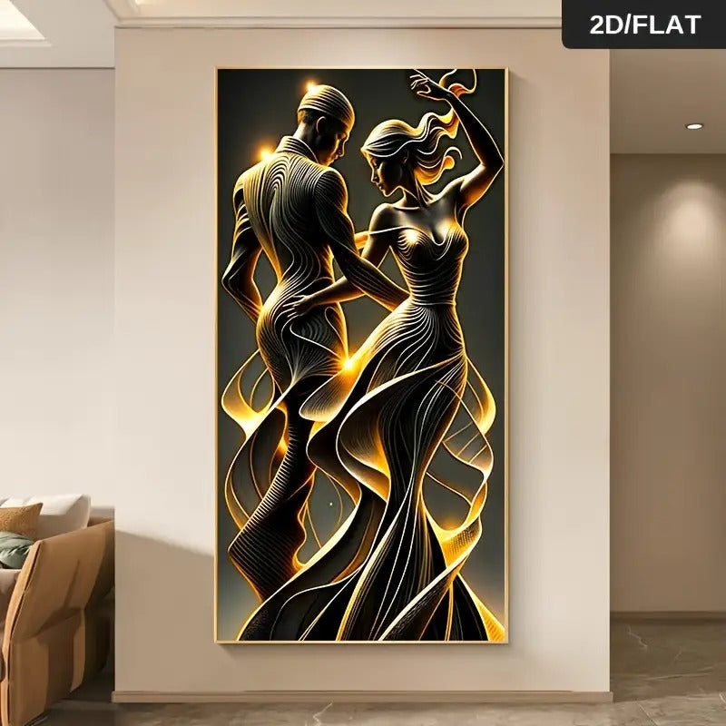 Modern Abstract Couple Wall Art - Large Frameless Canvas Poster 59.99x119.99cm (23.6"x47.2") - Golden & Black Swirl Pattern Dynamic Pose Elegant Textured Painting for Bedroom, Living Room, Hallway Decor - Contemporary Minimal
