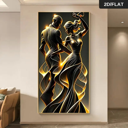Modern Abstract Couple Wall Art - Large Frameless Canvas Poster 59.99x119.99cm (23.6"x47.2") - Golden & Black Swirl Pattern Dynamic Pose Elegant Textured Painting for Bedroom, Living Room, Hallway Decor - Contemporary Minimal
