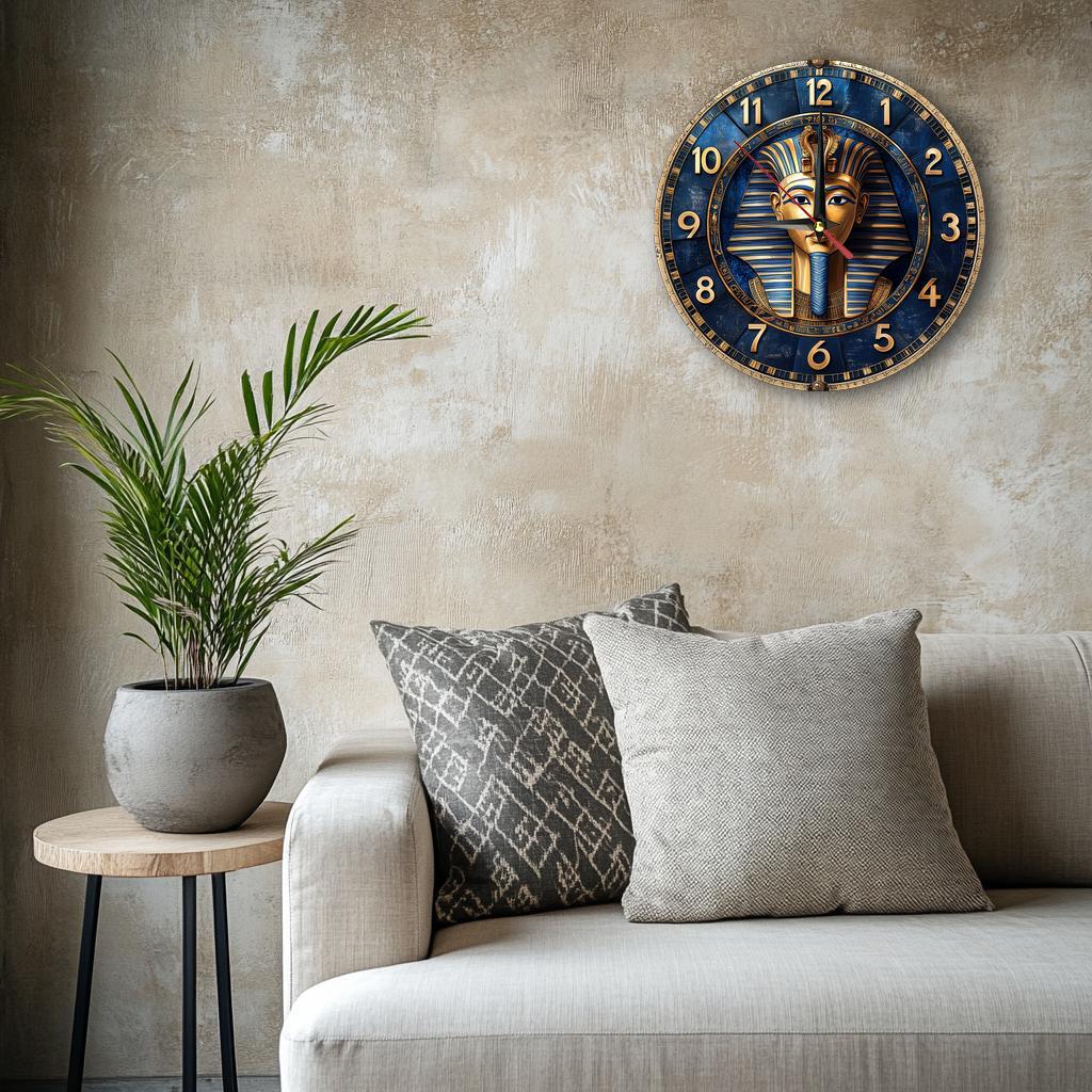 Egyptian-Themed Silent Wooden Wall Clock, 9.8" Round - Farmhouse Style Decor for Kitchen, Bedroom, Office | Easy to Read, No Ticking Sound | Battery Not Included, Round Hanging Clock