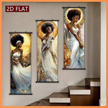 2D Flat, 2D/FLAT-3pcs Egyptian Goddess Plastic Scroll/ Scroll Painting, Sacred and Elegant Style Decorative Painting, White Dress Golden Ornament Halo Wings Element, Geometric Golden Pattern Background, Suitable for Living Ro