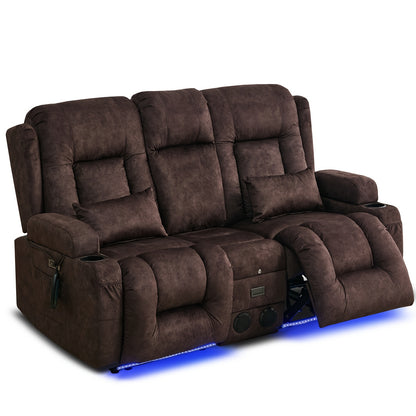 Power Loveseat Recliner Sofa, Home Theater Seating RV Couch with Massage and Heat, Flipped Backrest Console, LED Light, USB Outlets, Velvet