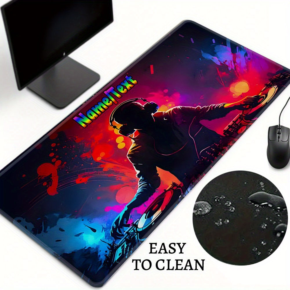 Custom DJ-Themed Gaming Desk Mat with Non-Slip Base & Personalized Text/Name - Large Computer Mouse Pad for Music Producers, DJs, Office Setup - Washable Surface & Rubber Backing, DJ Headphones & Turntables Design - Ideal Gif