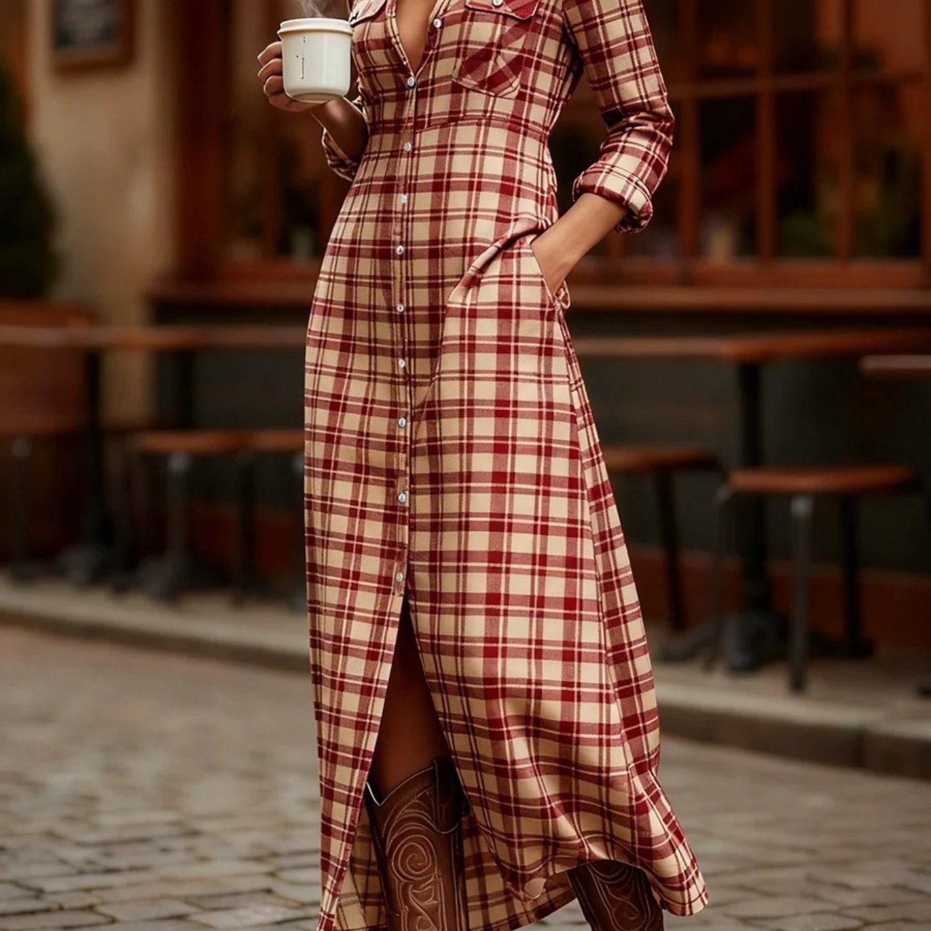 HERTALKA Fashionable Women's Dress with a Retro Checkered Long-sleeved Style