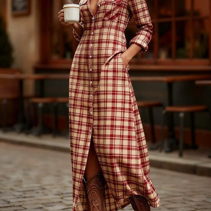 HERTALKA Fashionable Women's Dress with a Retro Checkered Long-sleeved Style