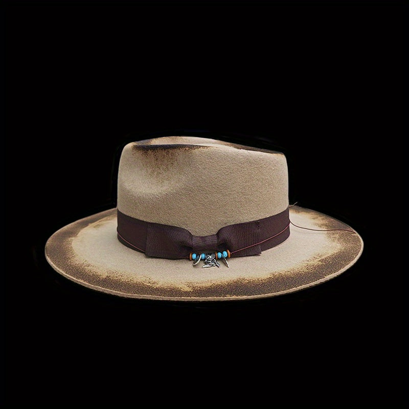 Unisex Vintage Wool Felt Hat with Turquoise-like Feather-Like Ribbon & Feather-Like Pendant - Wide Brim Western /Cowgirl Hat for &, Casual Outdoors, Parties, Daily Wear - Beige/Brown Retro Jazz