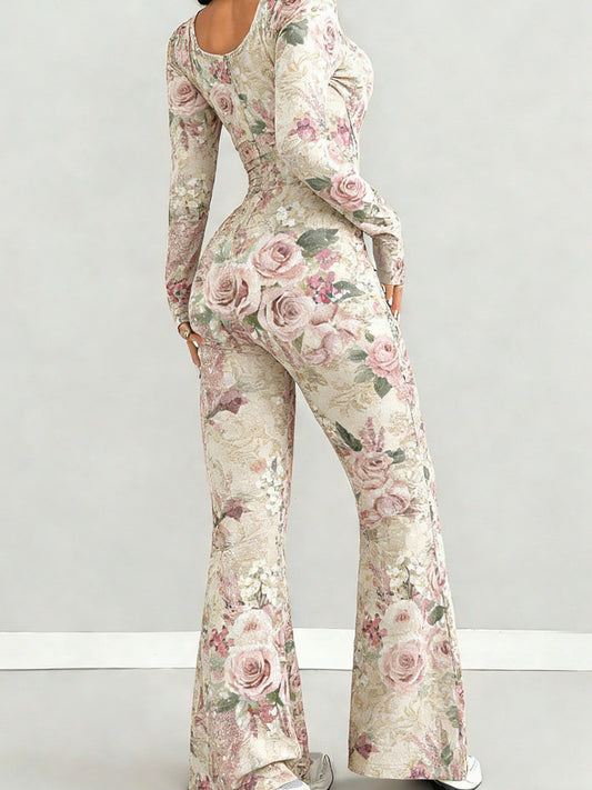 Women's Sexy Slim-Fit Jumpsuit with Pink Floral Print - Long Sleeve U-Neck Bell-Bottom Romper, Stretch Fabric for Weddings, Parties & Outdoor Events - Elegant - Outfit Suitable for Multiple Occasions