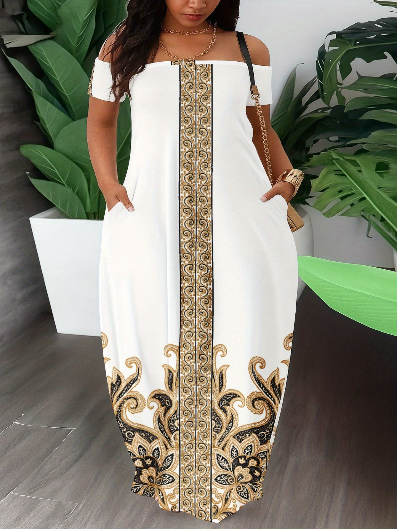 Plus Size, Women's Elegant Off-Shoulder/One-Shoulder Maxi Dress with White Golden & Black Floral Print - Mermaid Top & Flowy Maxi Wedding Guest Gown, Prom Dress, Beach Party Outfit - Machine Washable Year-Round Dress