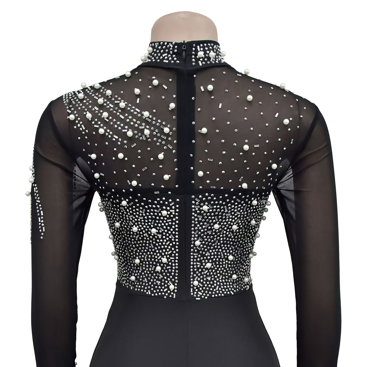 Elegant Women'S Black Jumpsuit with Pearl And Rhinestone Embellishments, Featuring Sheer Mesh Long Sleeves for Evening Events