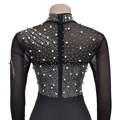 Elegant Women'S Black Jumpsuit with Pearl And Rhinestone Embellishments, Featuring Sheer Mesh Long Sleeves for Evening Events