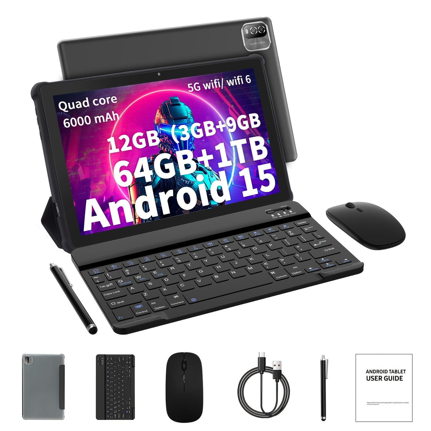 PRITOM 10.1 Inch Android 15 Tablet, 2-In-1 Tablet (Including Keyboard, Mouse, Protective Case, Stylus And Data Cable), 12GB (3GB + 9GB Expandable) RAM, 64GB Storage, Supports Up to 1TB Storage Expansion, 8MP Camera, Dual-Band