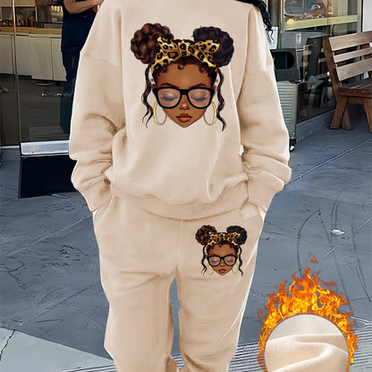 Graphic Print Two Piece Set, Crew Neck Sweatshirt & Pants, Women's Clothing, Fall Clothes For Women, Sweat Suits Women Two Piece