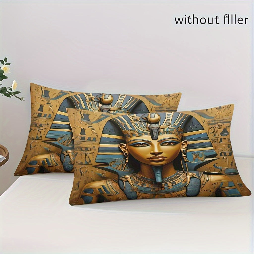 Pharaoh Theme Duvet Cover Set - Soft High-Definition Digital Print, Egyptian Style Golden And Blue, All-Season, Soft Breathable 100% Polyester, Perfect Gift For Family And Friends, Machine Washable, Includes 1 Duvet Cover + 2