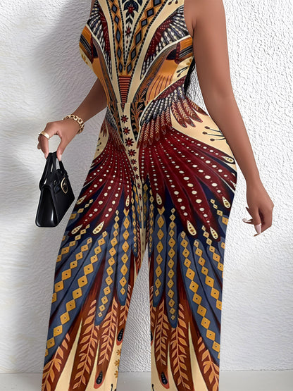 A Stylish Women'S Jumpsuit Featuring a Vibrant Print, Designed to Be Form-Fitting And Alluring, Made from a Light And Comfy Fabric, Perfect for Beach Trips, Summer Getaways, And Casual Outdoor