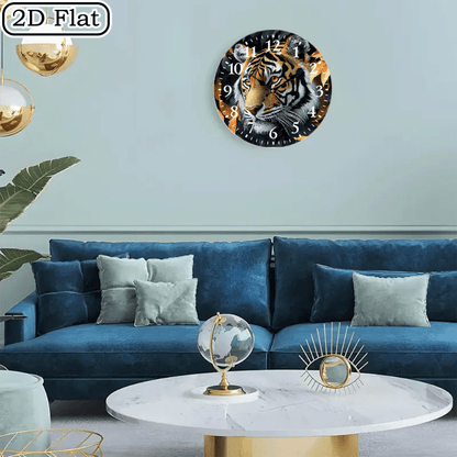 10x10 Inch Round Wooden Wall Clock with Tiger Head & Orange Leaves Design - Silent Non-Ticking Battery-Powered Modern Black/White Face, Golden Hands - Home Office Bedroom Decor, Wildlife-Themed Gift for Halloween Christmas (A