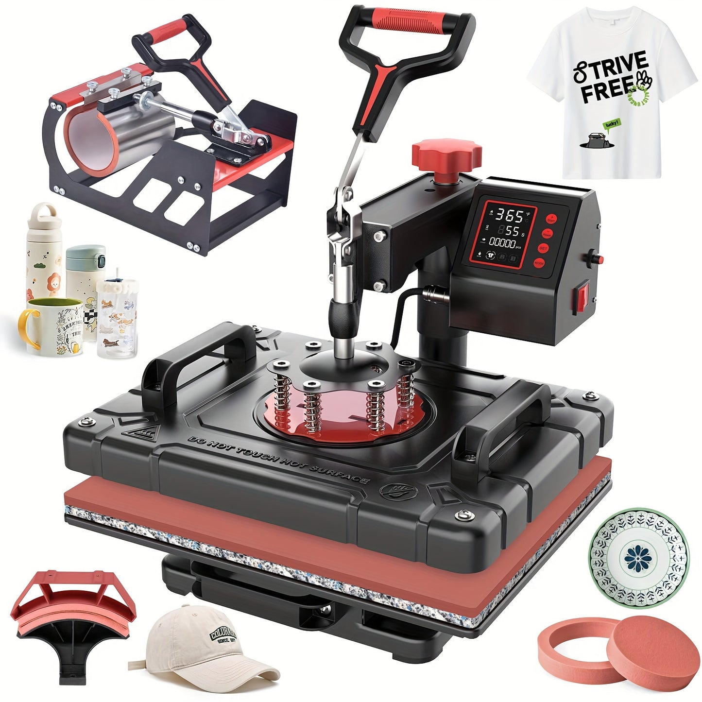 5-in-1 Heat Press Machine, 12x15 Inch Multifunctional Heat Transfer Combo With 360° Swing Away For T-Shirts, Mugs, Hats, Plates, And Caps