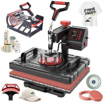 5-in-1 Heat Press Machine, 12x15 Inch Multifunctional Heat Transfer Combo With 360° Swing Away For T-Shirts, Mugs, Hats, Plates, And Caps