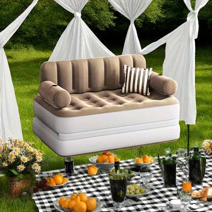 Inflatable Air Sofa Bed 2-in-1 Backrest Couch Airbed W/Headboard And External Pump, Portable Convertible Blow Up Bed Mattress W/Storage Bag, Sofa W/Build-in Cup Holders Arm, For Home, Outdoor Camping And Guests, Living Room F