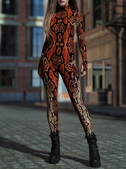 Women's Full-Length Snake Onesie Jumpsuit - Skinny Fit Turtleneck Long Sleeve with Front Zipper Closure, Brown/Black/Golden/Red Realistic Snake Scale Texture, Machine Washable Elastic Costume for Parties, Music Festivals & Wi