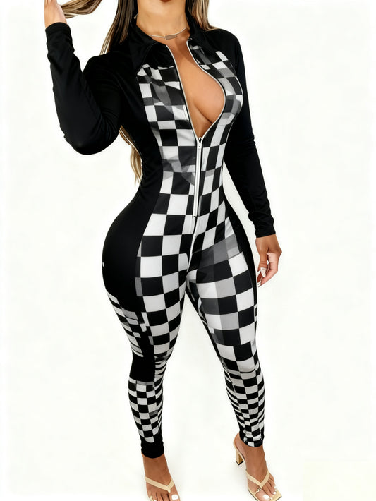 Long Sleeve Zippered Jumpsuit for Women - Allover Print, Chic And Alluring, Suitable for Parties And Special Events Year-Round