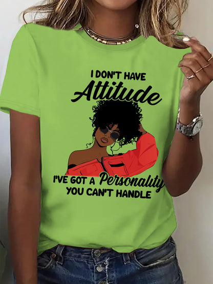 Women's "I Don't Have Attitude" Slogan Graphic T-Shirt - Vibrant Red Short Sleeve Crew Neck Casual Top with Bold Text & Fashion Glasses Design, Machine Washable All-Season Comfort Fit Tee, Fashionforward Look, Durable Fabric