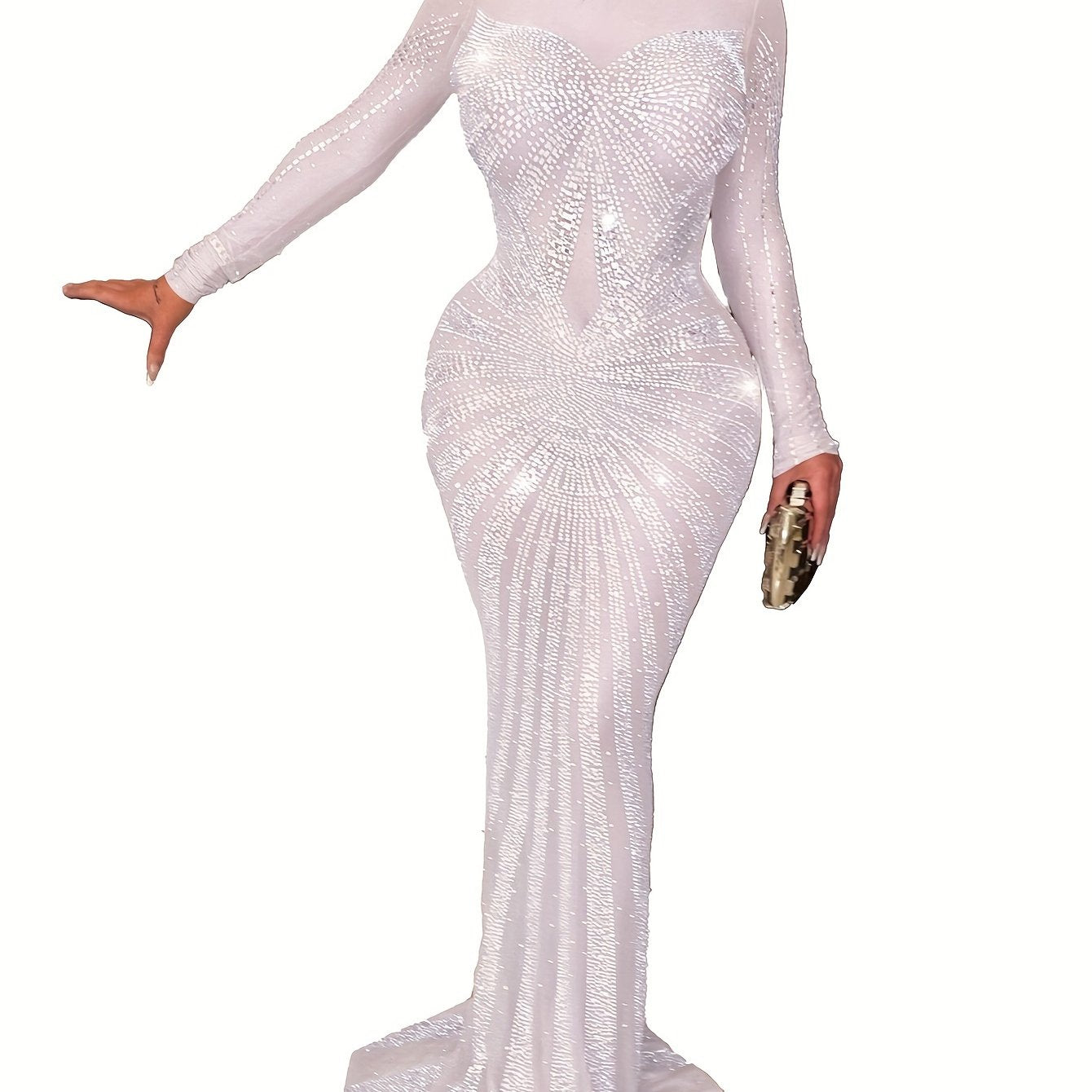 Long Sleeve Maxi Dress - Elegant Sheer Mesh with Rhinestone Detail - Bodycon Fit for Women - Perfect for Spring/Summer/Fall