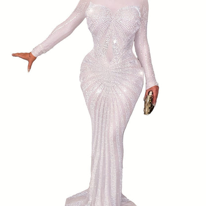 Long Sleeve Maxi Dress - Elegant Sheer Mesh with Rhinestone Detail - Bodycon Fit for Women - Perfect for Spring/Summer/Fall