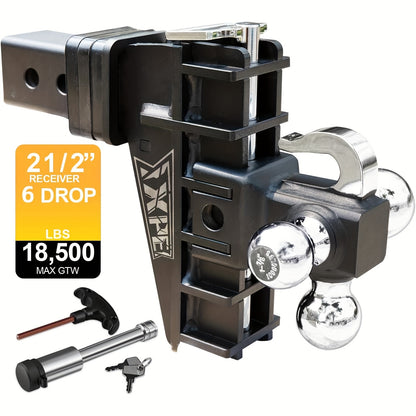 Adjustable Trailer Hitch Fits 2.5-Inch Receiver, Heavy Duty Tow Hitches (18500 LBS GTW) 6 Inch Drop Truck Hitch Tri-Ball Mount With Hook (1-7/8" X 2" X 2-5/16")
