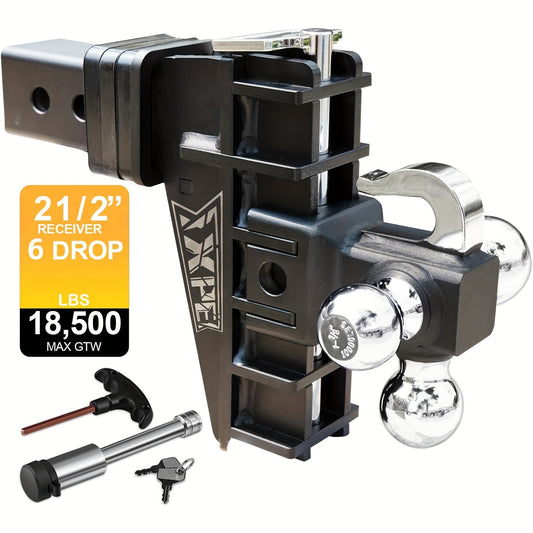 Adjustable Trailer Hitch Fits 2.5-Inch Receiver, Heavy Duty Tow Hitches (18500 LBS GTW) 6 Inch Drop Truck Hitch Tri-Ball Mount With Hook (1-7/8" X 2" X 2-5/16")