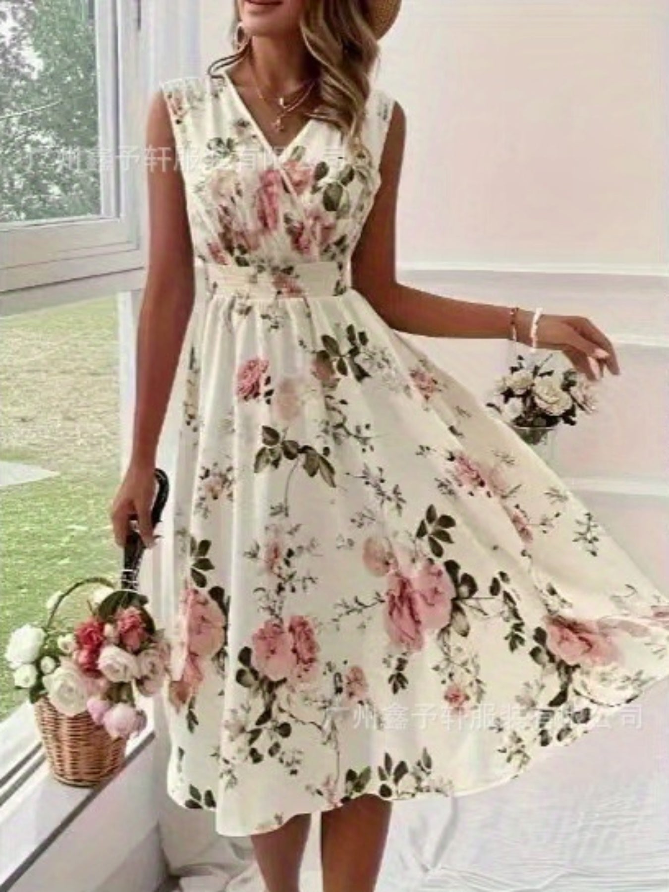 Women's Elegant Floral Print Sleeveless A-Line Sling Dress with Puff Sleeve Accent - Floor-Length or Above-Knee Length Long Skirt, Round Neck Fitted Top & A-Line Silhouette, Machine Washable All-Season Formal & Semi-Formal Ou