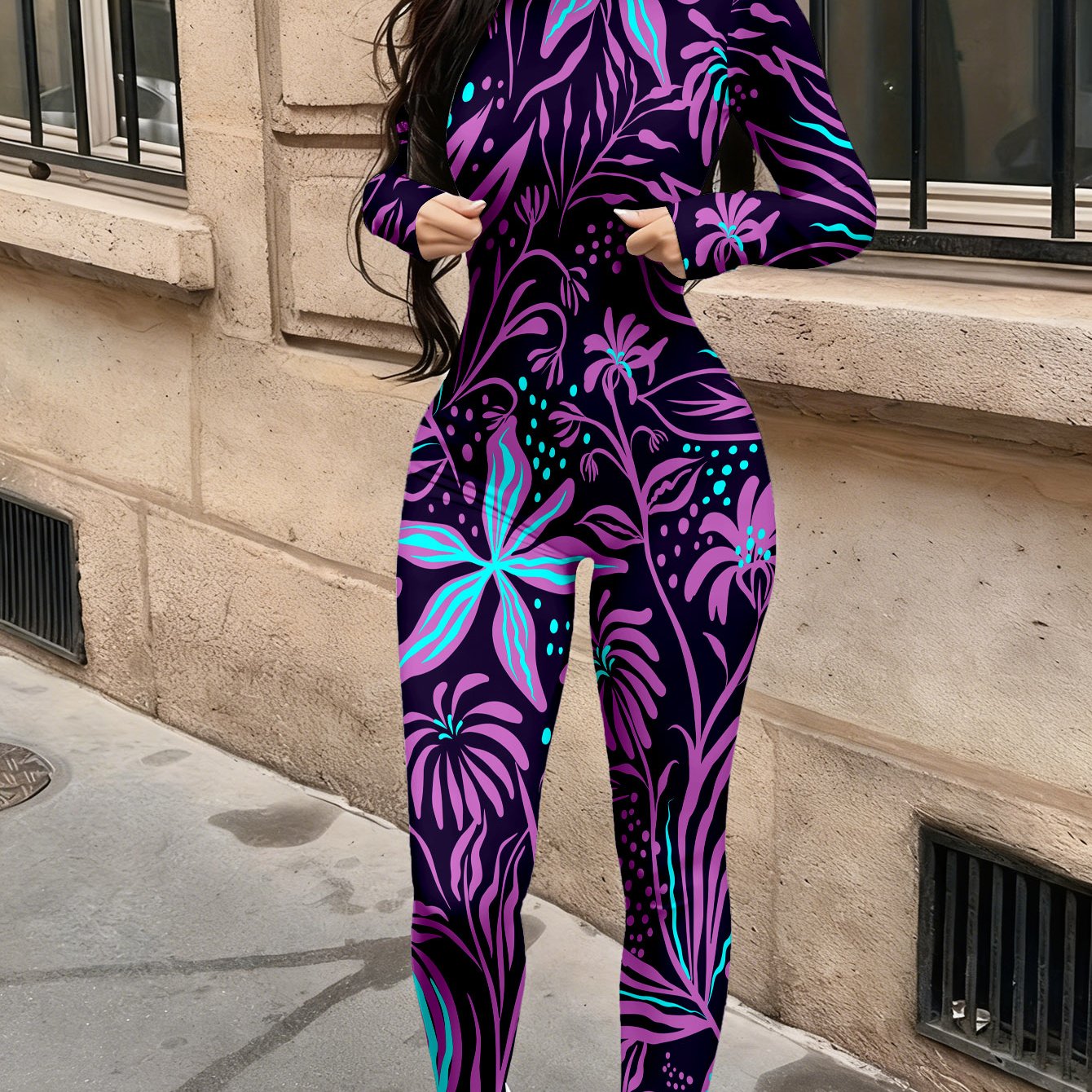 Autumn Women'S Trendy Printed Jumpsuit | Casual Fashionable Sexy Long Sleeved Tight Fitting Jumpsuit with Geometric Pattern and Crew Neck