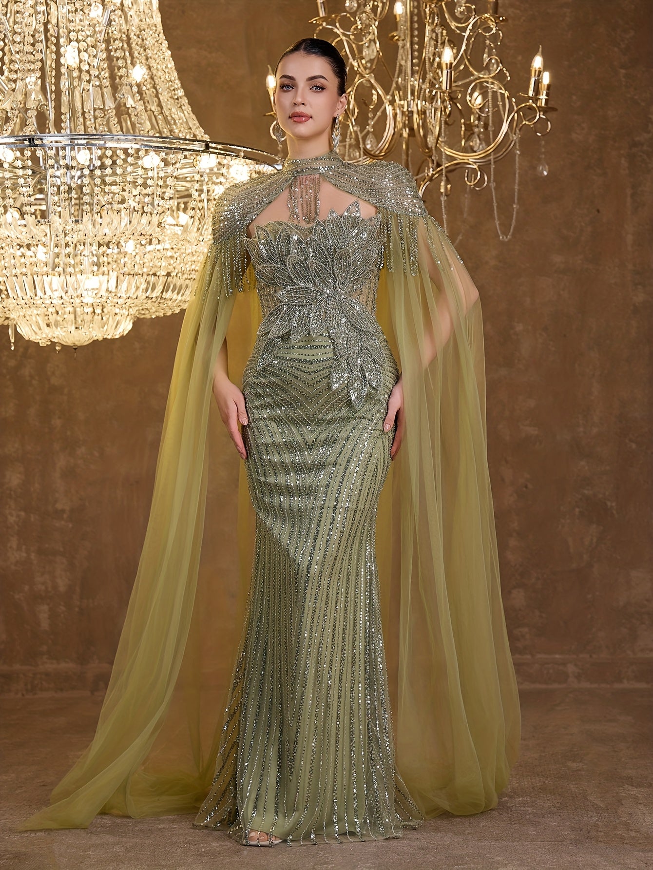 An Elegant And Sexy Evening Gown Featuring a High Neckline, 3D Petal Appliqués, And Flowing Tassels, Adorned with Sequins And Lace on The Bodice