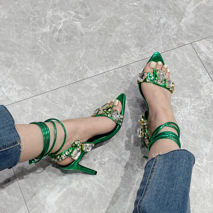 Women'S Rhinestone-Adorned Cross Strap Open-Toe High Heel Sandals - Ultra-High Stiletto Heels, PU Cover Upper & Lining, European & American Style Elegant Party & Formal Dress Shoes with Cushioned Insole, Durable Rubber Sole -