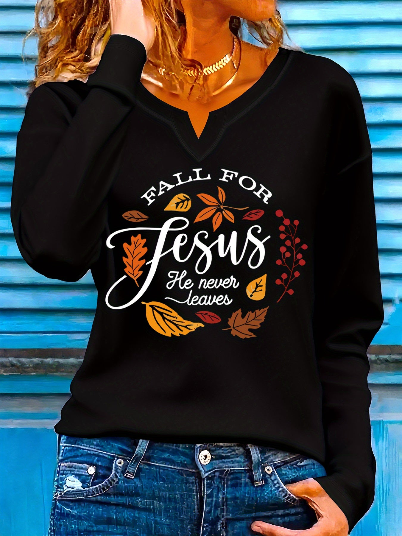 Women'S V-Neck T-Shirt - Fall Inspirational Christian Faith Apparel & Fall Leaves Design, Soft Everyday Church Outfit Essential for Women, Casual Wear & Seasonal Fashion, Autumn Theme Shirt, Comfortable Fit Shirt, Faithbased