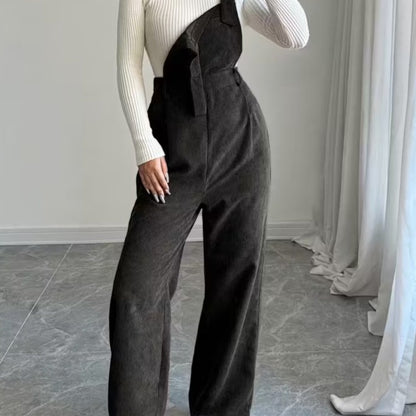 Women's Dark Gray Corduroy Jumpsuit - Wide-Leg Double-Shoulder Strap Romper with Collar & Double Button Closure, All-Season Casual to Semi-Formal Outfit (Hand Washable) for, Weddings, Parties - Corduroy Suit