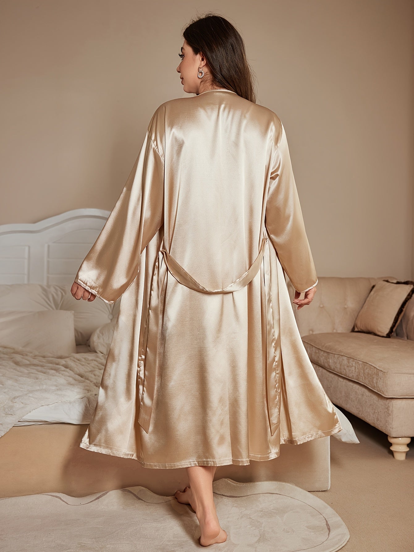 2pcs Women's Plus Size French Lace Pajama set - Sexy Deep V Camisole Skirt & Long Cardigan Nightgown, Lace Trim Nightwear Robe, Non-Stretch Luxury Sleepwear for s (No underwear/Bra) - Elegant Special Line Collection 2pcs suit